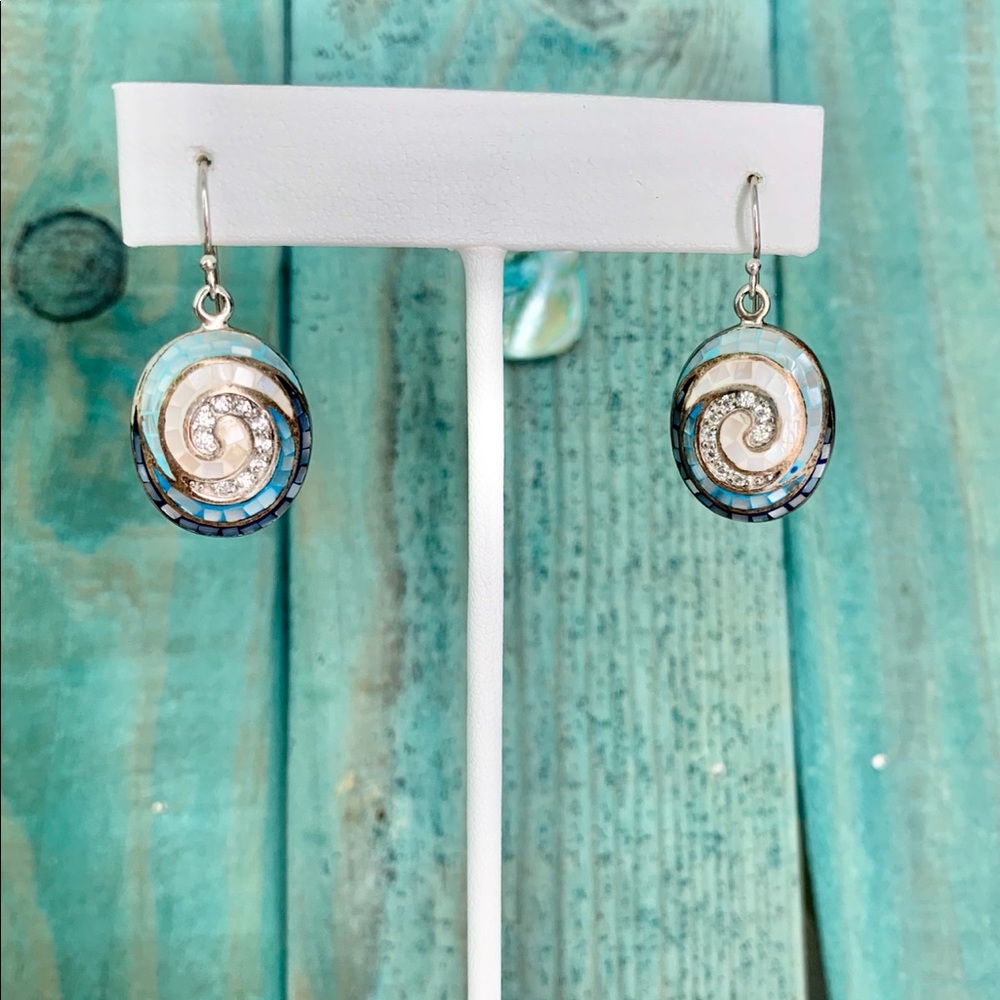 Kingman Turquoise & Mother of Pearl Swirls Drop Earrings 925 Sterling Silver